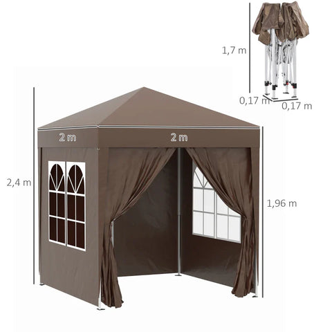 Rootz Folding Pavilion - Beer Tent - 4 Removable Side Walls - 2 Windows - Metal Frame - Brown - 2 x 2m