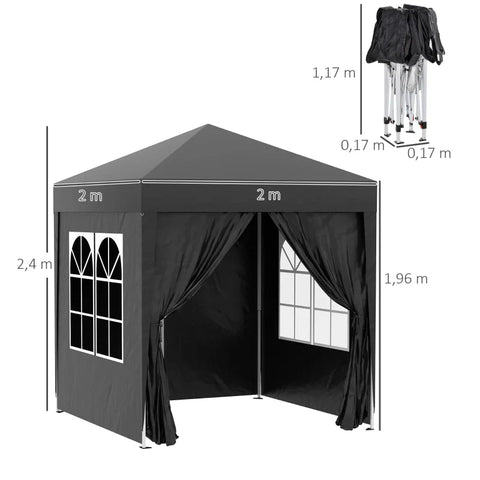 Rootz Folding Gazebo - Beer Tent - 4 Removable Side Walls - 2 Windows - Metal Frame - Black  - 2 x 2m