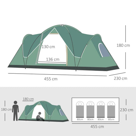 Rootz Camping Tent - Guy Ropes - Carry Bag - 5-6 Persons - Family Tent - Lamp Hooks - Side Pockets - Polyester-Oxford - Green-Black - 4.55 x 2.3 x 1.8m