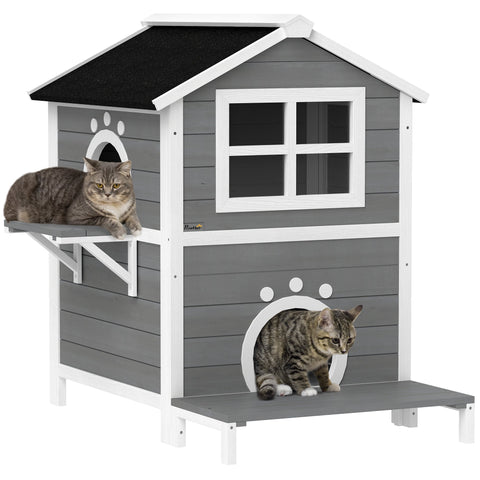 Rootz Outdoor Cat House - Weatherproof Shelter - Kitty Condo - 2 Levels - Removable Floor - 66cm x 66cm x 90cm - Grey White