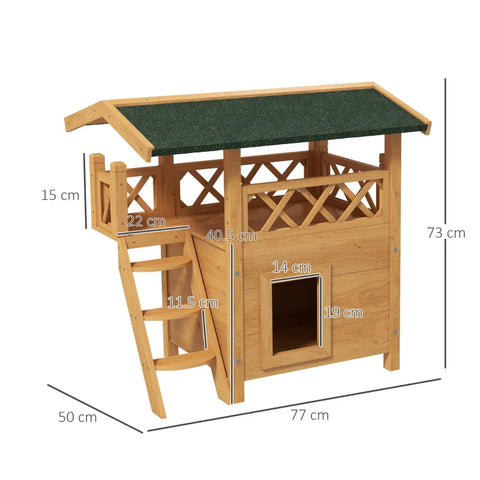 Rootz Cat House - Pet Kennel - Asphalt Roof - 2 Levels - 1 Ladder - Fir Wood - Natural + Green - L77 x W50 x H73 cm