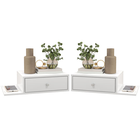 Rootz Set of 2 Wall Bedside Tables - Side Shelf - Storage Drawer - Space-Saving Design - 55W x 30D x 15H cm White MDF