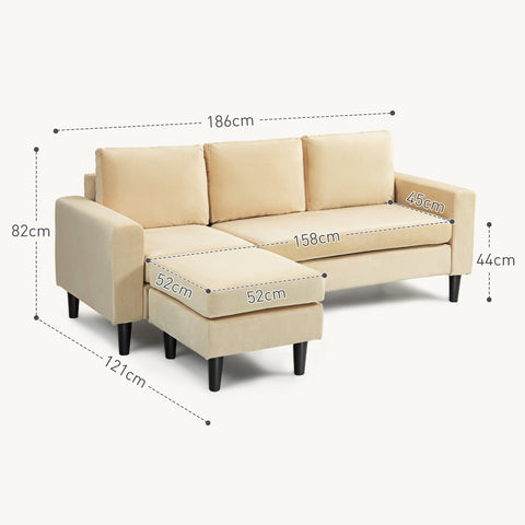 Rootz Modular Corner Sofa with Stool - Velvet Sofa Set - 3 Seater Couch - Elegant Brown Velvet - 186cm x 121cm x 82cm