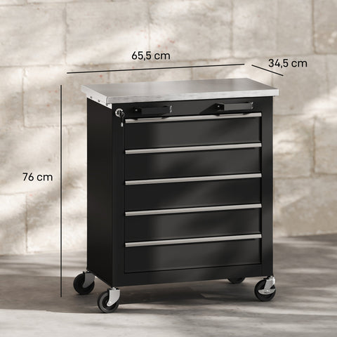 Rootz 5 Drawer Tool Cabinet – Rolling Tool Box – Steel Tool Trolley – Secure Storage – Organizes Tools – 65.5x34.5x76 cm – Silver + Black