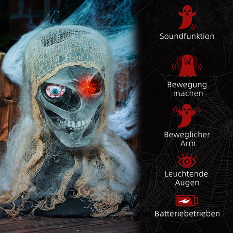 Rootz Animated Halloween Decoration - One-eyed Mummy - Flex Arms - Touch/Loud Noise Activation - Rotating Head - Eerie Glow - 55cm x 18cm x 35cm