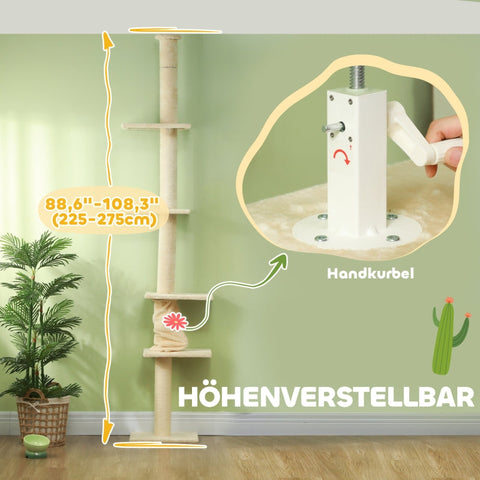 Rootz Floor to Ceiling Cat Tree - Adjustable Cat Scratching Post - Extendable Height - 5 Cozy Floors - Stable Base - Cat Furniture - 42.5cm x 26.5cm x 225-275cm