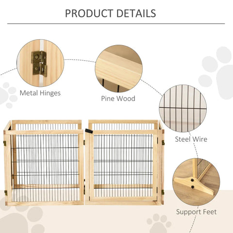 Rootz Pet Gate for Dogs - Pine Wood - Freestanding Dog Safety Barrier  - Two Support Feet - Foldable - Natural - 432 x 36 x 70 cm