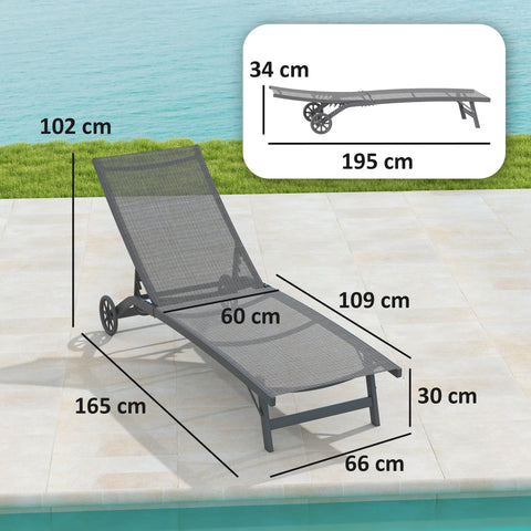 Rootz Sun Lounger - Outdoor Recliner - Adjustable Backrest - Breathable Comfort - 195 x 66 x 34 cm - Grey