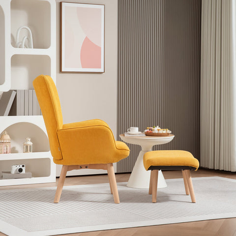 Rootz Accent Chair with Stool - Relaxation Chair - Armchair - Wood Legs - High Comfort - 72cm x 80cm x 101cm - Yellow Corduroy