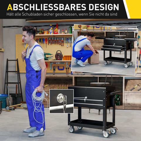 Rootz Rolling Tool Cabinet - Tool Box with Drawers - Storage Organizer - Mobile Workbench - Lockable Steel - 77.5-130L x 38W x 80H cm