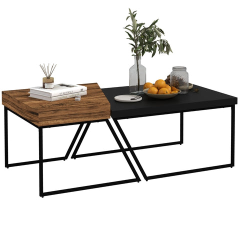 Rootz Industrial Coffee Table Set - Side Table - Living Room Table - Rustic Brown+Black - Chipboard and Steel - 80cm x 60cm x 42cm, 60cm x 60cm x 46cm