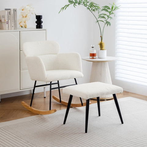 Rootz Elegant White Rocking Chair Set - Glider Chair - Lounge Chair - Ultimate Comfort - 61L x 72.5W x 82H cm - Footstool 52L x 41W x 40H cm