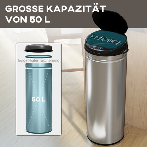 Rootz 50L Sensor Waste Bucket - Touch-Free Bin - Auto-Opening Trash Can - Hygienic & Durable - 30.5cm x 30.85cm - Stainless Steel - Soft-Close - Silver