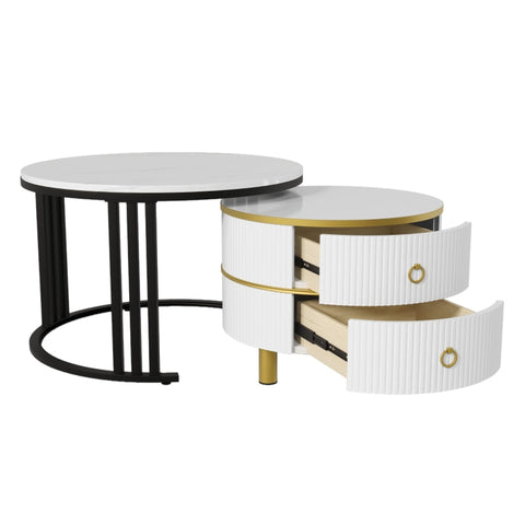 Rootz 2-in-1 Coffee Table Set - Marble Pattern - High Gloss Tables - Space Saving - 70x70x46cm & 50x50x40cm