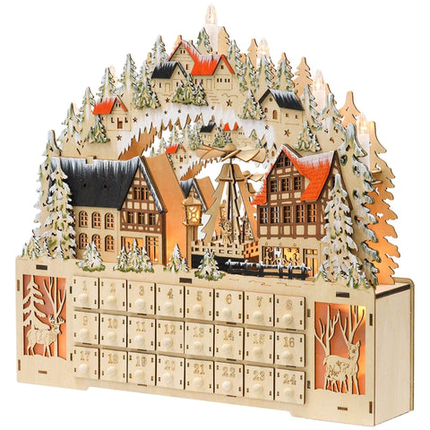 Rootz Festive Magical Christmas Advent Calendar - Wooden Village - LED Lights - 24 Day Countdown - MDF - 45cm x 9cm x 42.5cm