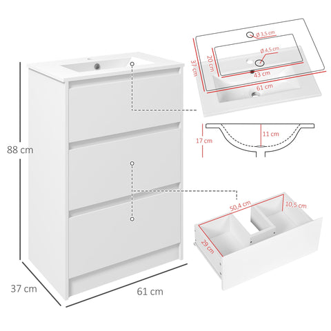 Rootz Bathroom Cabinet - Vanity Unit - White - 2 Drawers - Space-Saving Design - 61cm x 37cm x 88cm