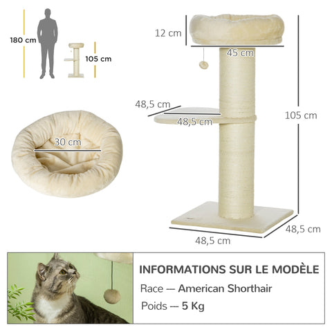 Rootz Cat Tree Scratching Post - Activity Center - Pet Furniture - Sisal & Plush - 48.5x48.5x105cm