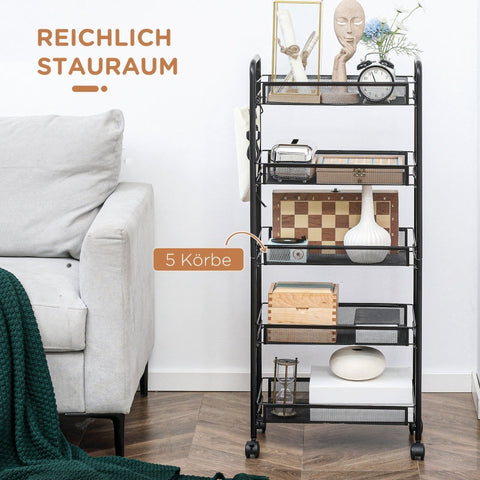 Rootz Service Trolley - Kitchen Cart - Rolling Utility Cart - 5-Tier Storage Rack - Space-saving - Steel & Plastic - 45cm x 26.5cm x 106cm