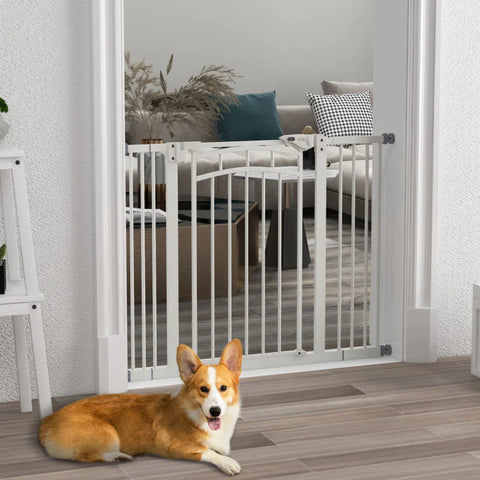 Rootz Dog Gate - Stair Gate - Automatic Closing - One-hand Operation - Security Gate - Round Double Sided Tape - Steel-PA - White - 100cm x 4cm x 76cm