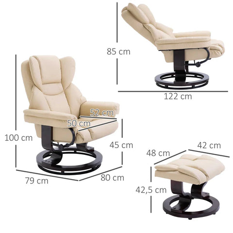 Rootz Relaxstoel Met Kruk - Ligfunctie - Draaibaar - Tot 160 Kg - Kunstleer - Metalen Frame - Crème - 80 x 79 x 100 cm