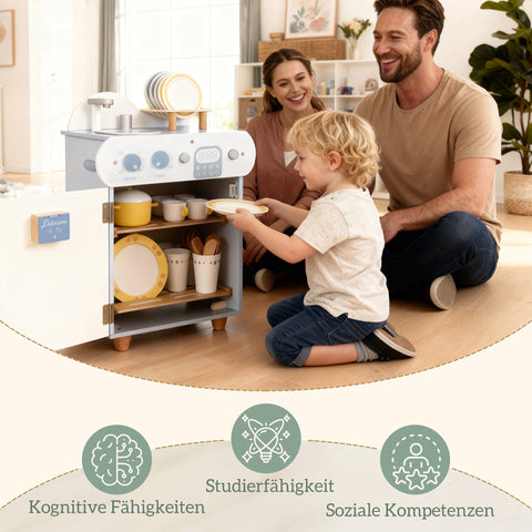 Rootz Scullery Set Wooden Dishwasher for Children – Kids Play Kitchen – Pretend Play – 32 Accessories – Promotes Creativity – 36x26x52cm – Blue