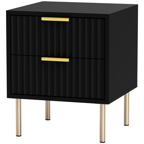Rootz Bedside Table - Grooved Side Table - 2 Drawer Nightstand - Luxury Gold Handles - 40x39x48cm - Elegant Black with Steel Legs