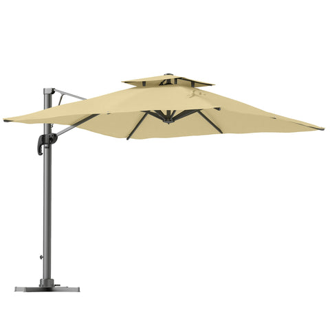 Rootz 3m Square Umbrella - Parasol - Patio Sunshield - 360° Rotation - 297x297x264cm - Hydraulic Roof, Aluminum Frame, Beige