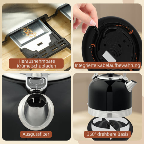 Rootz Kettle and Toaster Set - Breakfast Combo - Kitchen Essentials - 7 Browning Levels - 1.7L Capacity - Black/Silver - 27cm x 18.8cm