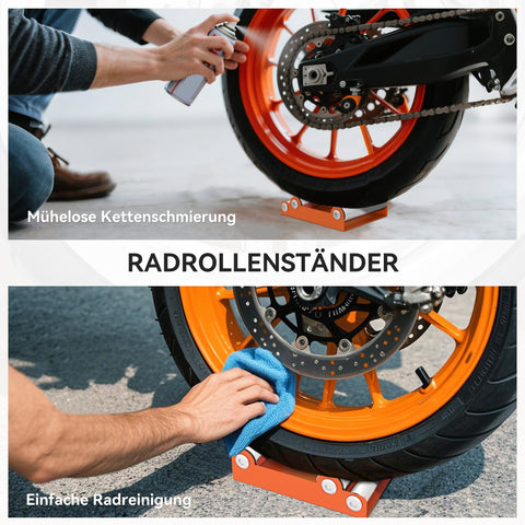Rootz Motorcycle Cleaning Stand - Wheel Rotary Aid - Bike Roll Stand - 220kg Capacity - 15cm x 11.5cm x 4cm - Orange