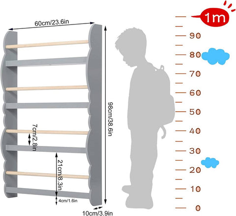 Rootz Wall-Mounted Children's Bookshelf - Kids' Bookcase - Safe, Stylish, Front-Facing Shelves - Non-Toxic, Secure, Space-Saving - 98cm x 60cm x 14.5cm