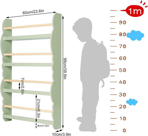 Rootz Wandgemonteerde kinderboekenkast - Kinderboekenplank - Veilig, stijlvol, gemakkelijke toegang - Niet-giftige, veilige stang, naar voren gerichte planken - 98 cm x 60 cm x 14,5 cm