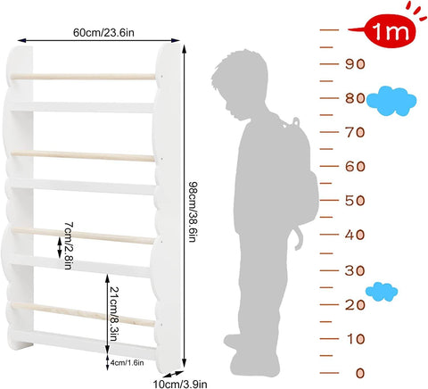 Rootz wandgemonteerde kinderboekenkast - kinderboekenplank - kinderkamermeubilair - veilig met veiligheidsbeugel, stabiel en veilig, gemakkelijke toegang voor kinderen - niet-giftig - 42,5 cm x 80 cm x 14,5 cm en 60 cm x 98 cm x 14,5 cm