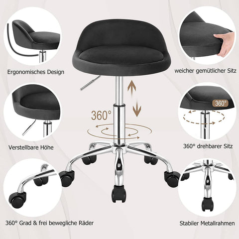 Rootz Adjustable Velvet Office Stool - Desk Chair - Swivel Stool - Stylish, Comfortable, Ergonomic - Height 53-65.5cm, Seat 30x30cm, Base 44cm