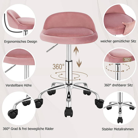 Rootz Velvet Office Stool - Adjustable Desk Chair - Rolling Task Chair - Comfortable, Flexible, Durable - 53cm-65.5cm x 30cm x 30cm