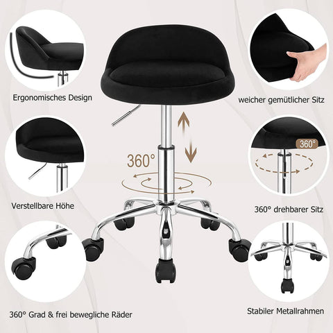 Rootz Adjustable Velvet Office Stool - Desk Chair - Swivel Stool - Stylish, Comfortable, Ergonomic - Height 53-65.5cm - Seat 30x30cm