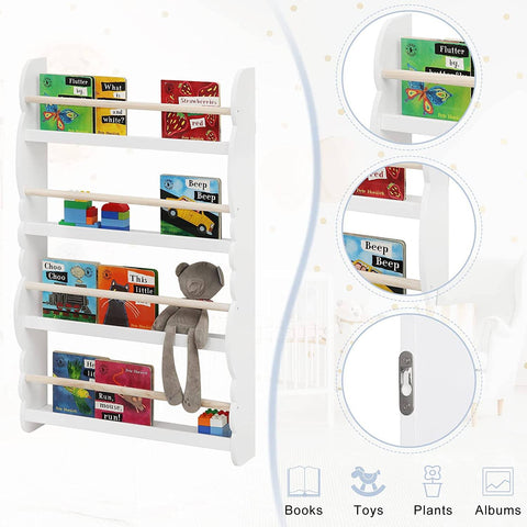Rootz wandgemonteerde kinderboekenkast - kinderboekenplank - kinderkamermeubilair - veilig met veiligheidsbeugel, stabiel en veilig, gemakkelijke toegang voor kinderen - niet-giftig - 42,5 cm x 80 cm x 14,5 cm en 60 cm x 98 cm x 14,5 cm