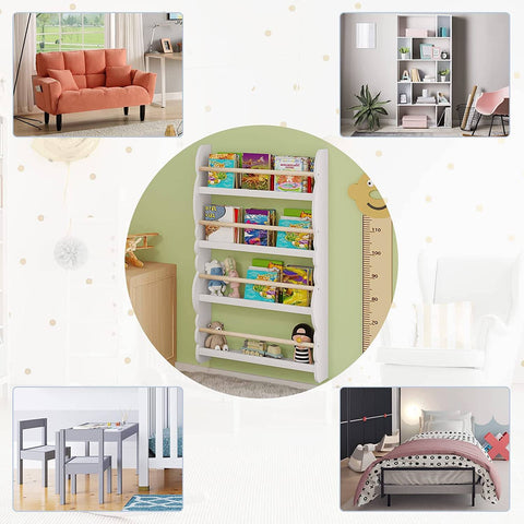 Rootz wandgemonteerde kinderboekenkast - kinderboekenplank - kinderkamermeubilair - veilig met veiligheidsbeugel, stabiel en veilig, gemakkelijke toegang voor kinderen - niet-giftig - 42,5 cm x 80 cm x 14,5 cm en 60 cm x 98 cm x 14,5 cm