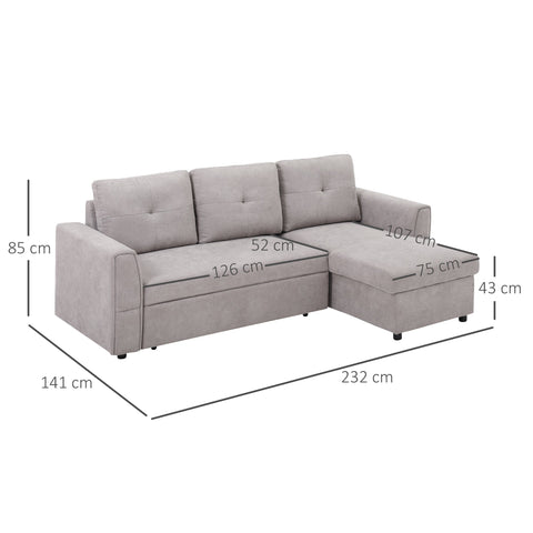 Rootz 3-Seater Sofa Bed - Upholstered Sleeper Couch - Convertible Sofabett - Extra Storage - Grey - 141cm x 85cm