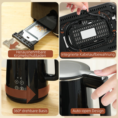 Rootz Kitchen Set with Kettle & Toaster - Breakfast Set - Cooking Set - 7 Browning Levels - Stainless Steel - 21.5cm x 15.1cm & 25cm x 16.8cm x 18.6cm