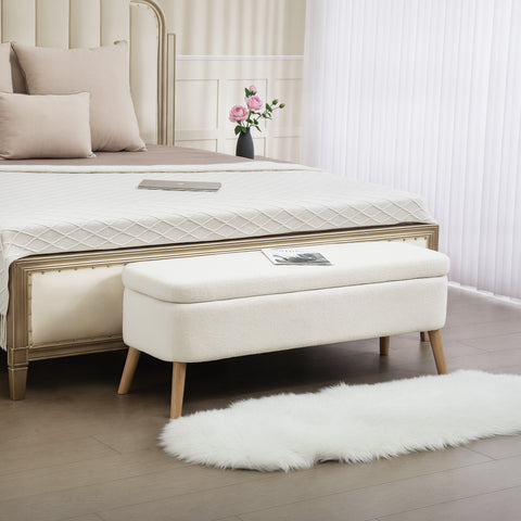 Rootz Storage Stool - Seat Stool - Foot Stool - 65 L Storage - Fleece Fabric - 120cm x 42cm x 45cm - White