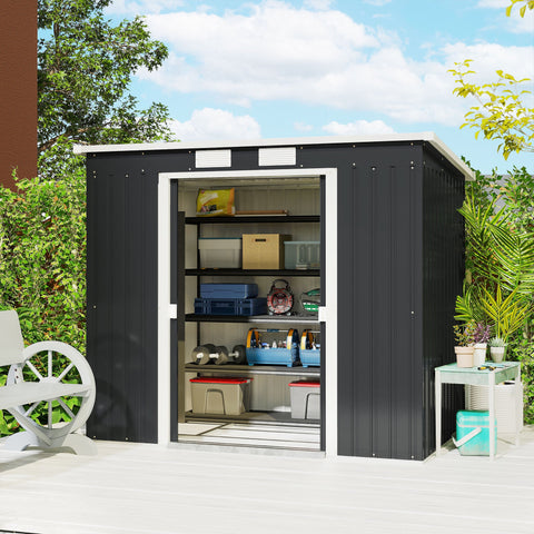Rootz Tool Shed - Garden Storage House - Outdoor Organizer - Ventilated, Weatherproof - Galvanized Steel, Sliding Doors, 213x130x172cm, Grey and White