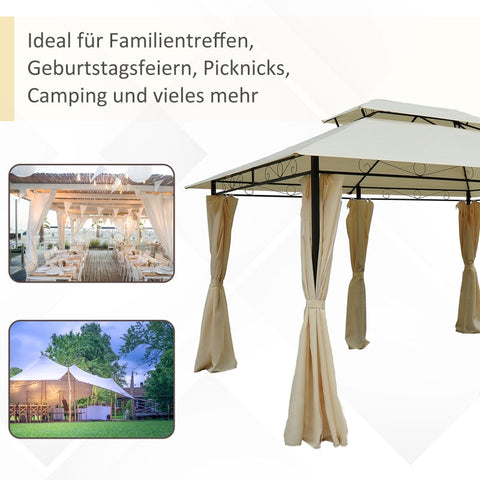 Rootz 3x4m Garden Pavilion with 6 Side Panels - Party Tent - Marquee - Water-Repellent Double Roof - Robust Steel Frame - 300cm x 400cm x 280cm
