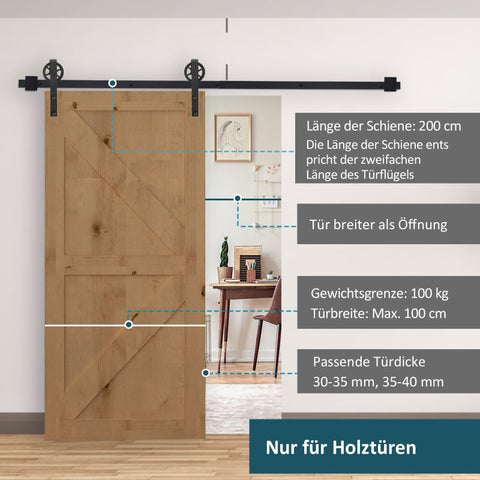 Rootz Sliding Barn Door Kit - Carbon Steel - Rustic Style - For Wooden & Concrete Walls - 200cm x 4cm x 0.6cm