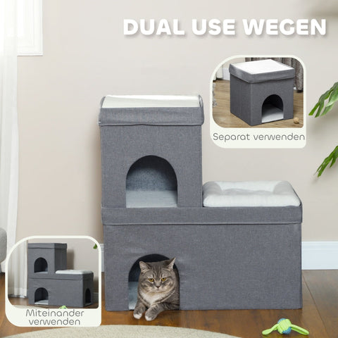 Rootz Cat House - Cat Cave Bed - Cozy Cat Condo - Soft Cushion - Dual Apartments - 74cm x 37.5cm x 78.5cm