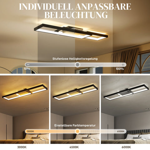 Rootz LED Ceiling Light – Modern Dimmable Panel, Flush Mount Fixture, Remote & Wall Switch, Adjustable Brightness, 70x30x7cm, Black