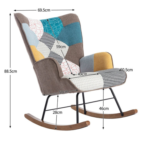 Rootz Patchwork Rocking Chair - Rocker - Glider - Long-lasting Comfort - 69.5L x 50W x 88.5H cm