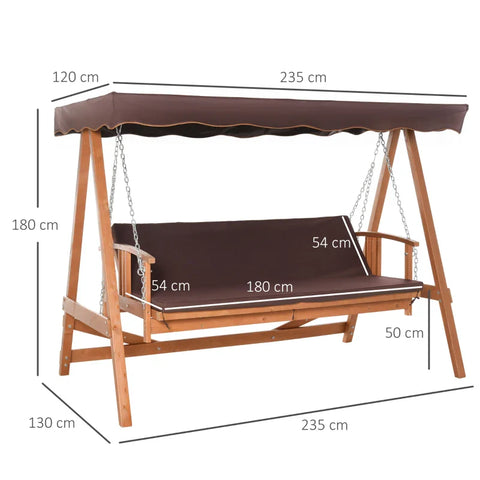 Rootz Hollywood Swing - Real Wood Garden Swing - Swing Bench - Reclining Function - Made Of Fir Wood - For 3 People - Natural + Brown - 235L x 130W x 180H cm