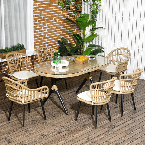 Rootz 7 Piece Rattan Dining Set - Garden Set - Outdoor Furniture - Comfort Pillows - Table 153x89x74cm - Chair 52x62x78cm