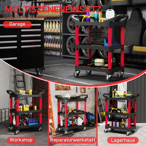 Rootz Black 3-Level Tool Cart - Utility Trolley - Rolling Workbench - Easy Mobility - 81cm x 43cm x 96cm