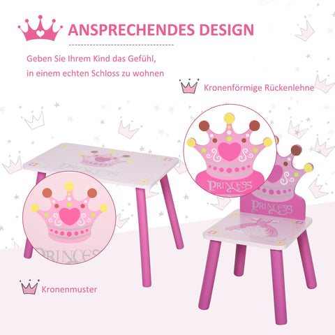 Rootz 3-Piece Children's Table & Chairs Set - Kids Furniture - Toddler Seating - Pink Pine & MDF - Injury-safe Design - 55x34x42cm Table - Crown Theme